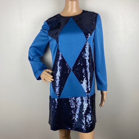 NEW TORY BURCH RUNWAY BLUE SEQUIN LONG SLEEVE MINI DRESS - Picture 2 of 11